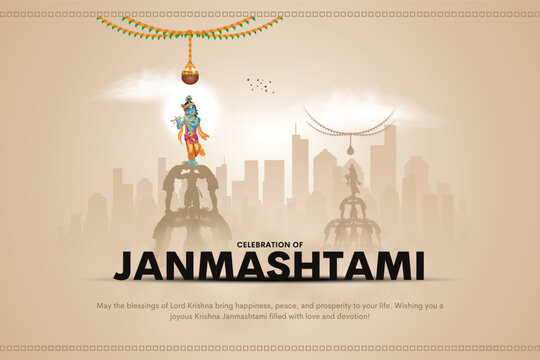 Dahi handi Indian festival of lord Krishna Janmashtami, Govinda pyramid theme celebration design.