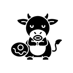 Stylized Cartoon Cow Character with Donut Treats in Black and White