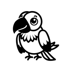 Black and white cartoon parrot illustration with smiling expression and outlines