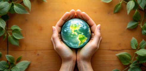 Hands Holding Earth – Save Planet Concept with Green Leaves


