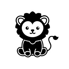 Cute Cartoon Lion Cub Sitting, a Friendly and Adorable Black and White Image