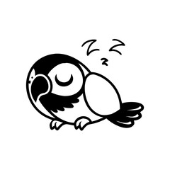 Cute sleepy bird illustration in black and white, isolated on white