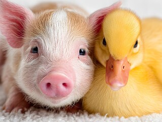 A very cute pink piglet and a yellow duckling are snuggling together on a white fluffy surface indoors now.