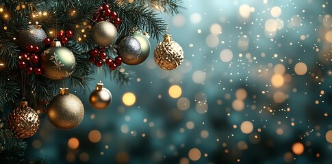 Festive Christmas tree ornaments with red berries and sparkling lights decorations