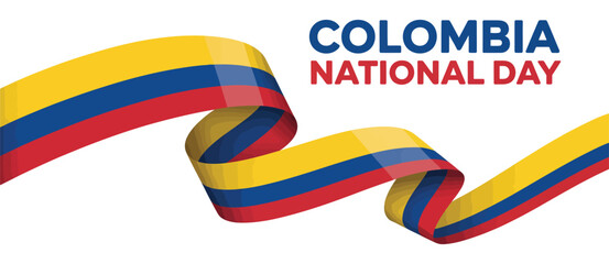 colombia national day poster with dynamic ribbon in yellow, blue, and red colors symbolizing patriotism, unity, and cultural pride