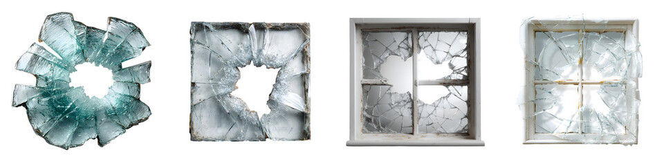 Broken Window Glass Texture Set, Damage, Vandalism on White