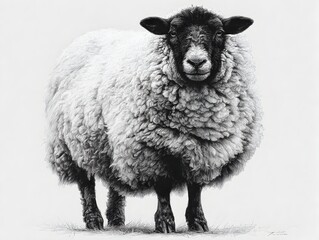 A woolly sheep with black face and ears stands peacefully in a field of grass looking at the viewer.