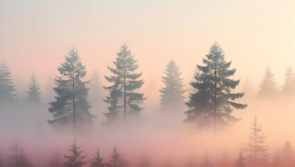 Misty morning forest landscape with tall evergreen trees shrouded in soft pastel colored fog during sunrise creating a serene and tranquil atmosphere