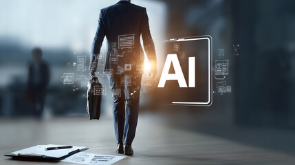 a business professional walking confidently forward towards the future, AI and technology integration in business