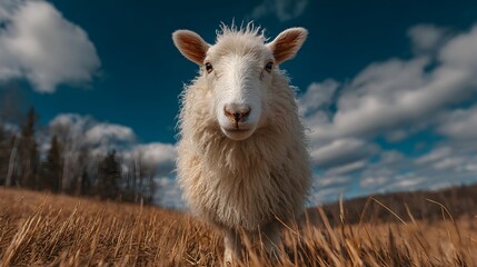 A fluffy white sheep stands in a field of golden grass against a bright blue sky with scattered clouds.