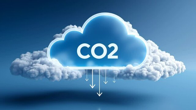 Business carbon credit. CO2 cloud with downward arrows surrounded by white clouds on blue background symbolizing carbon dioxide emission pollution and environment sky impact