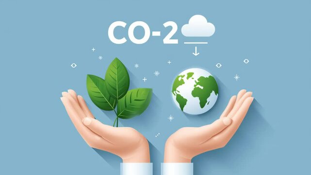 Business carbon credit. Hands holding green leaf and earth globe with CO2 cloud symbol representing environment nature carbon dioxide reduction and climate awareness