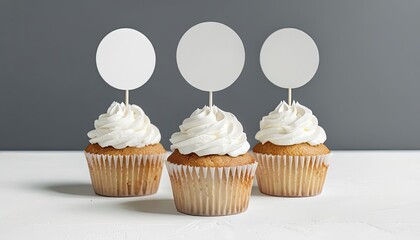 Three cupcakes with blank circle toppers for mockup