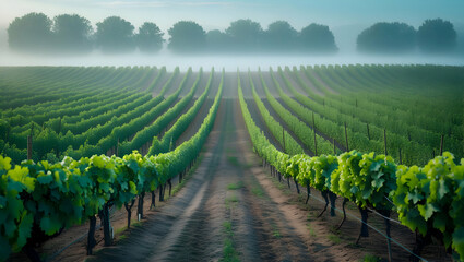 Serene vineyard rows stretch into the misty distance under a soft morning sky a beautiful agricultural landscape