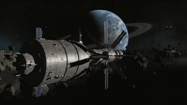 Space station orbits a ringed planet amid asteroid field