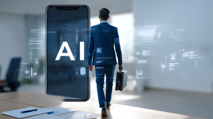 A man confidently strides forward, hinting at innovation and the future. A technological marvel, showcasing an AI, poised for what is to come.