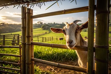 Goat peering through bamboo fence in serene countryside with lush green fields and hills