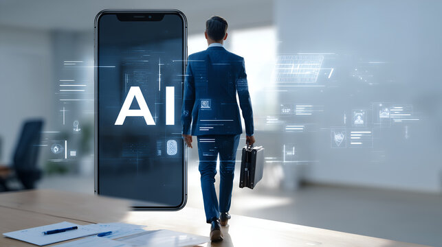 A man confidently strides forward, hinting at innovation and the future. A technological marvel, showcasing an AI, poised for what is to come.