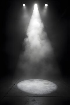 Abstract dark stage with bright spotlight illuminating smoke and mist