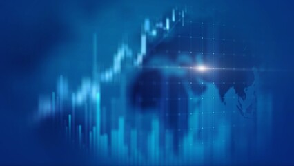 Abstract Blue Financial Graph With World Map and Light Effect