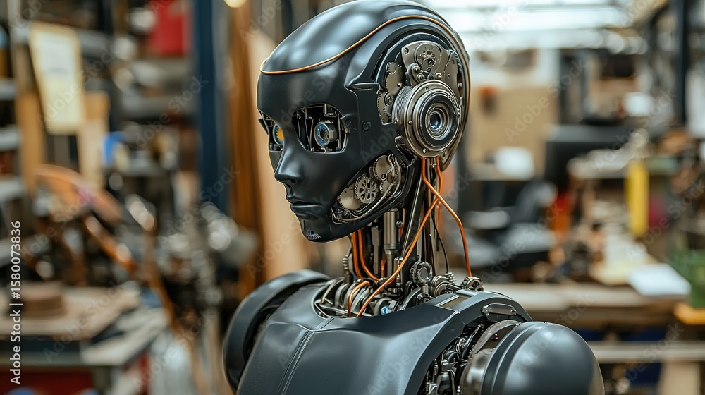 Poster futuristic humanoid robot with exposed mechanical parts stands in a workshop filled with technology 