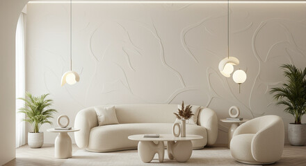 Neutral toned living room with textured walls and sculptural furniture elements