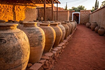 Row of traditional clay pots lining a rustic path in a sunlit village, showcasing local craftsmanship