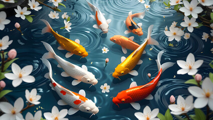 Vibrant Koi Fish Swimming Gracefully in a Serene Pond Surrounded by Delicate White Cherry Blossoms on a Beautiful Spring Day