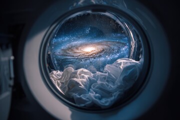 Surreal View of Galaxy Through Washing Machine Door with Clothes