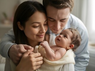 Happy mother and father with newborn baby girl. Family, adoption, baby, parenthood and people concept