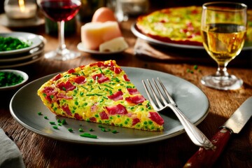 Breakfast Frittata with Bacon, Corn, and Gruyere on Denby Plate. Ultra-Realistic Restaurant Food Photography