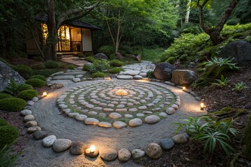 Serene Japanese Zen Garden at Dusk with Stone Pathway and Soft Candlelight Glow