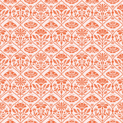 Seamless botanical folk floral pattern with vintage charm and delicate moth accents