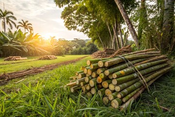 Stacked bamboo logs in a lush green field at sunset, with trees and distant hills in the background