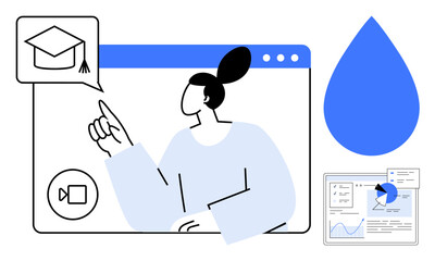 Plakat Female participant interacting with digital learning tool, graduation cap icon on screen, video call option, data analytics chart. Ideal for education, remote learning, online training, academic