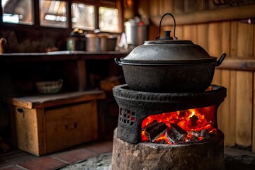 Traditional cooking pot on a stone hearth with glowing embers in a rustic kitchen setting