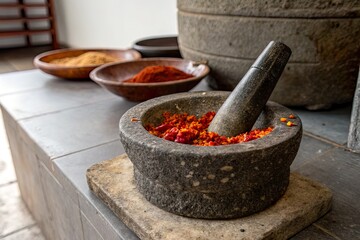 Traditional stone mortar and pestle with vibrant spices, surrounded by bowls of different powders