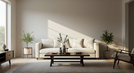 Serene Minimalist Living Room with Natural Light and Neutral Color Palette