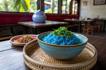 Vibrant blue rice served in a rustic bowl, with a side dish, in a cozy dining setting