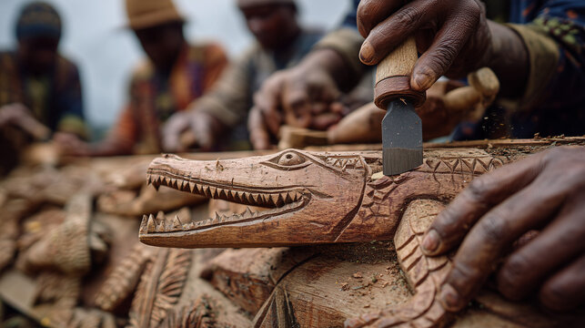 Close-up of skilled hands carving intricate crocodile details during Sepik River Crocodile and Arts Festival in Papua New Guinea