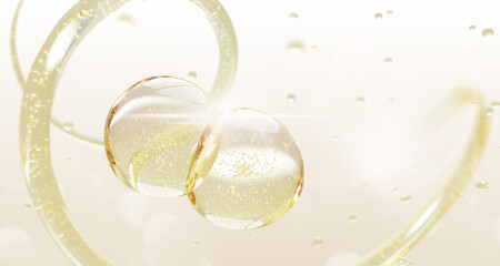 3d gold liquid texture with oil bubble and fluid flow wave line. Light yellow background with drop of serum, collagen cell, cosmetic ball with water molecule or particle for skin care. 3D illustration