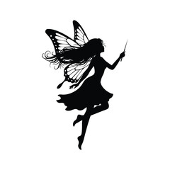 High-quality vector silhouette of a flying fairy girl with butterfly wings and a magic wand. This enchanting design is ideal for fantasy themes, children’s books, story illustrations, magical posters,