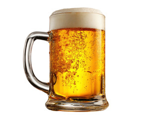 Full mug of golden beer with foam on transparent background