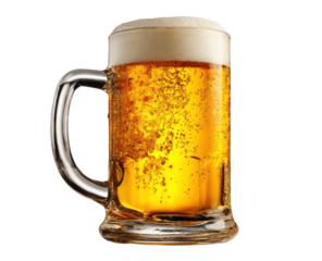 Full mug of golden beer with foam on transparent background