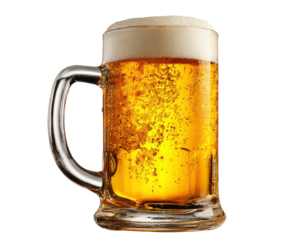 Full mug of golden beer with foam on transparent background - Powered by Adobe