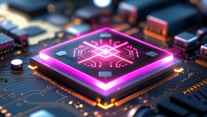 Close up macro shot of a futuristic central processing unit glowing with vibrant pink and purple light on a complex circuit board representing advanced technology