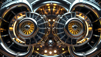 Intricate Industrial Machinery With Reflective Metallic Surfaces And Glowing Golden Lights Creating A Symmetrical Futuristic Design