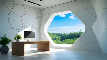 Modern Office Space With Large Geometric Window Overlooking Lush Green Landscape And Blue Sky