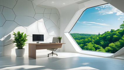 Modern Futuristic Office Design with Panoramic Green Landscape View and Ergonomic Workspace