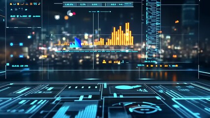 Futuristic data visualization interface showcasing analytics and urban cityscape at night - Powered by Adobe